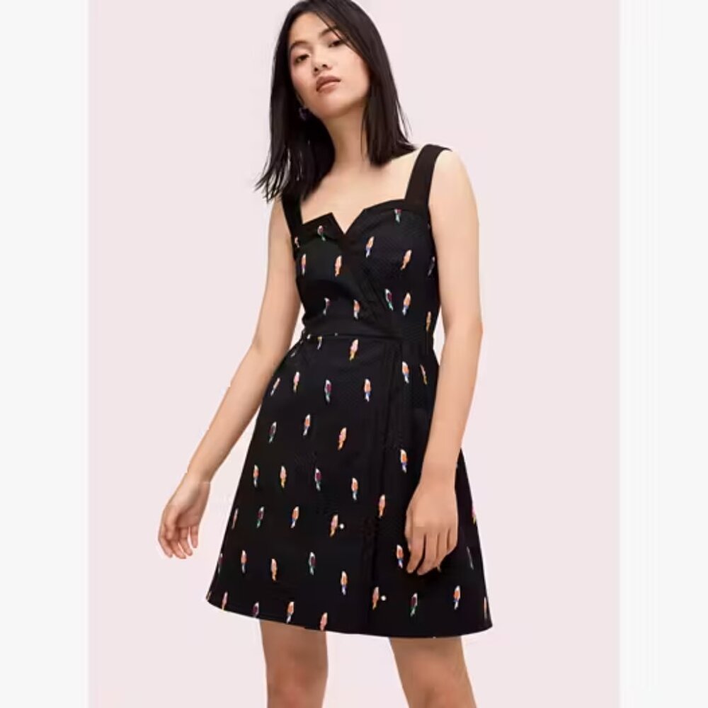 Kate Spade Flock Party Jacquard Mini Dress Black Pink Parrots Size 6